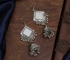 Elegant Square Mirror Silver Plated With Beads Medium Hand Crafted Designer Jhumki Earrings For Women And Girls-thumb2