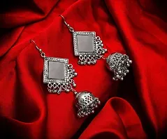Elegant Square Mirror Silver Plated With Beads Medium Hand Crafted Designer Jhumki Earrings For Women And Girls-thumb1