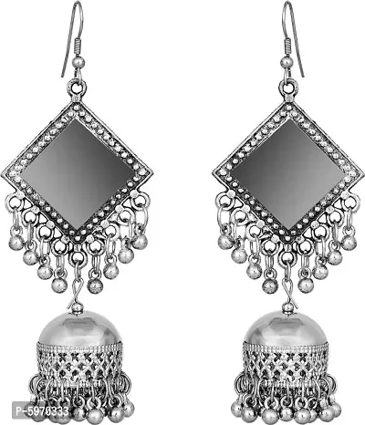 Elegant Square Mirror Silver Plated With Beads Medium Hand Crafted Designer Jhumki Earrings For Women And Girls