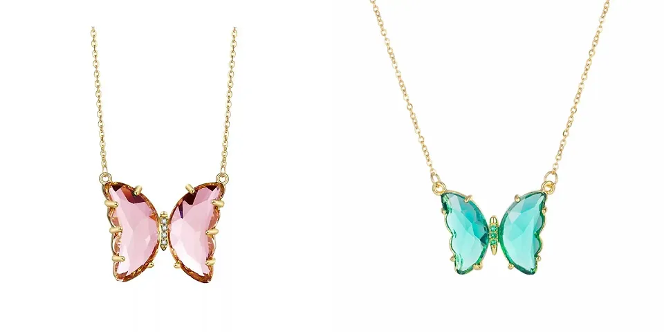 Lovely Gold Plated Crystal Butterfly Pendant Necklace Pack of 2