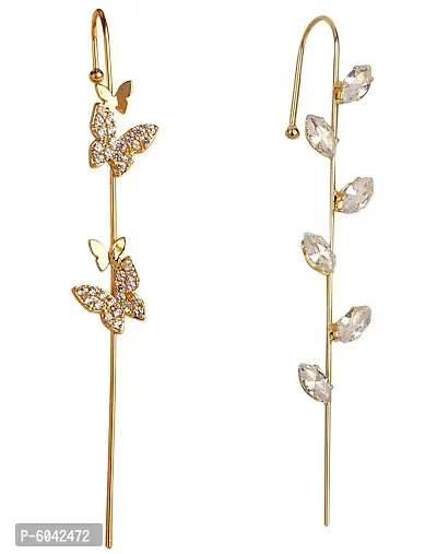 Attractive Gold Plated Studed Leaf and Butterfly Earcuff For Women ( Pack Of 2 )
