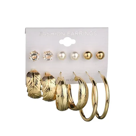 Combo 6 Pairs Fashion Gold Plated Crystal Pearl Studs and Big Hoop Earrings Set for Girls