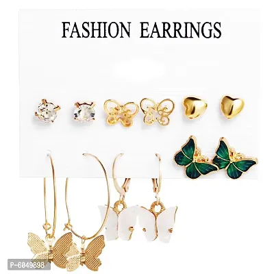 Vembley Combo 6 Pair Elegant Gold Plated Crystal Butterfly Studs and Hoops Earrings for Women and Girls