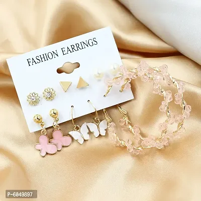 Vembley Combo 6 Pair Gorgeous Gold Plated White Pink Crystal Butterfly Pearl Stone Studs and Studded Big Hoop Earring for Women and Girls-thumb2