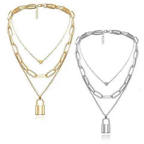 Stylish Triple Layered Alloy Lock Pendant Necklaces (Pack Of 2)