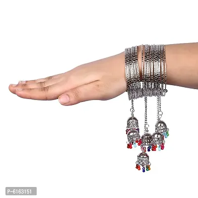 Traditional Silver Plated Cuff With Jhumka Kalire Latkan Bangle Bracelet For Women And Girls