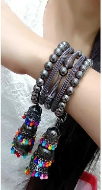 Gorgeous Silver Bangle Bracelet With Hanging  Beads Jhumka For Women And Girls-thumb1