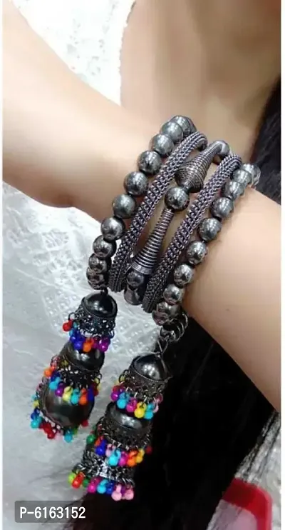 Gorgeous Silver Bangle Bracelet With Hanging  Beads Jhumka For Women And Girls-thumb2