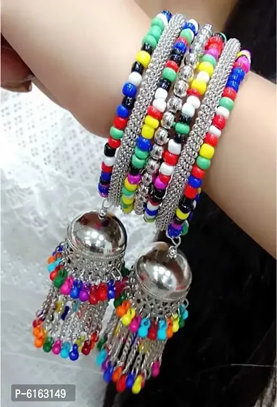 Trendy Silver Bangle Bracelet With  Beads Hanging Jhumka For Women And Girls