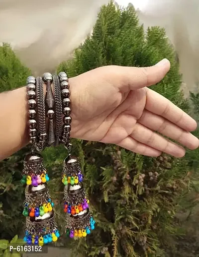 Gorgeous Silver Bangle Bracelet With Hanging  Beads Jhumka For Women And Girls-thumb0