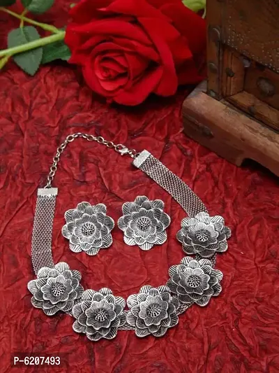 Stylish Oxidised Silver Flower Choker Necklace With Stud Earrings For Women