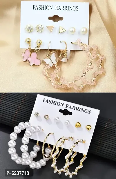 Elegant Gold Plated Crystal Butterfly Studs And Hoops Earrings For Women And Girls  - 12 Pairs
