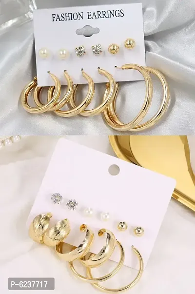 Stunning Gold Plated Pearl Stone Studs And Plain Short Big Hoop Earrings For Women And Girls - 12 Pairs
