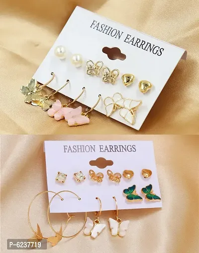 Elegant Gold Plated Crystal Butterfly Design Studs And Hoop Earrings For Women And Girls  - 12 Pairs