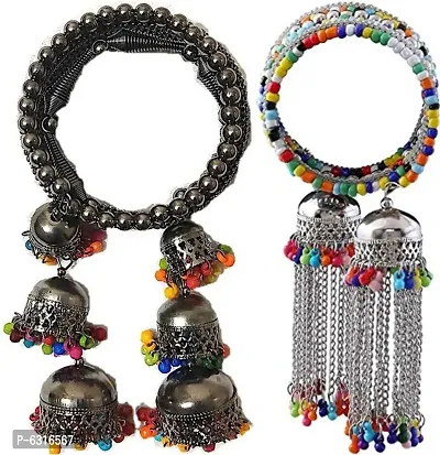 Combo of 2 Classic Silver Bangle Bracelet with Hanging Beads Jhumki for Women and Girls