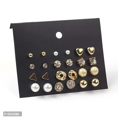 Vembley Combo Of 12 Pair Golden Studded Pearl Stud Earrings For Women and Girls-thumb3