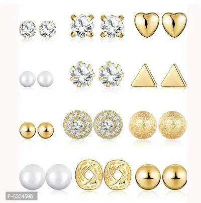 Vembley Combo Of 12 Pair Golden Studded Pearl Stud Earrings For Women and Girls-thumb5