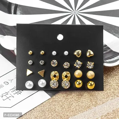 Vembley Combo Of 12 Pair Golden Studded Pearl Stud Earrings For Women and Girls-thumb0