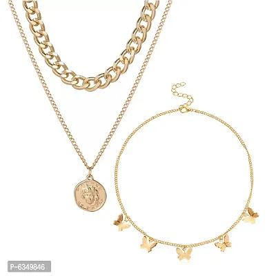 Vembley Combo of 2 Trendy Gold Plated Coin and Butterfly Pendant Necklace For Women and Girls