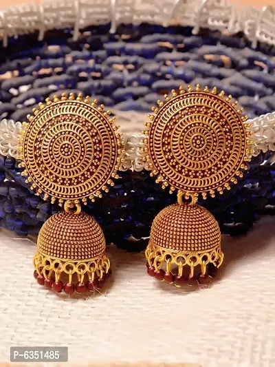 Antique Ethnic Golden and Maroon Pearls Drop Dome Shape Jhumka Earrings For Women and Girls