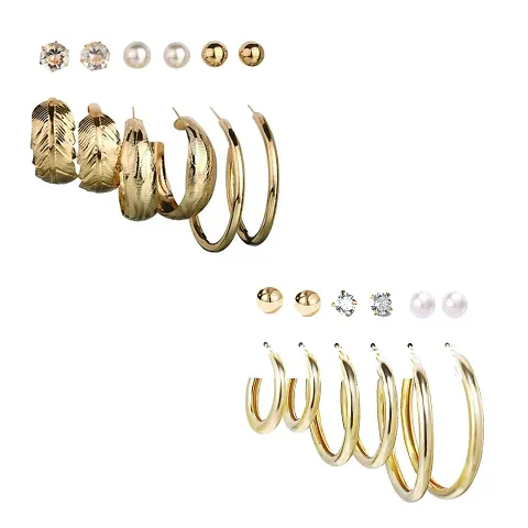 Combo of 12 Pair Stylish Gold Plated Pearl Crystal Studs And Hoop Earrings