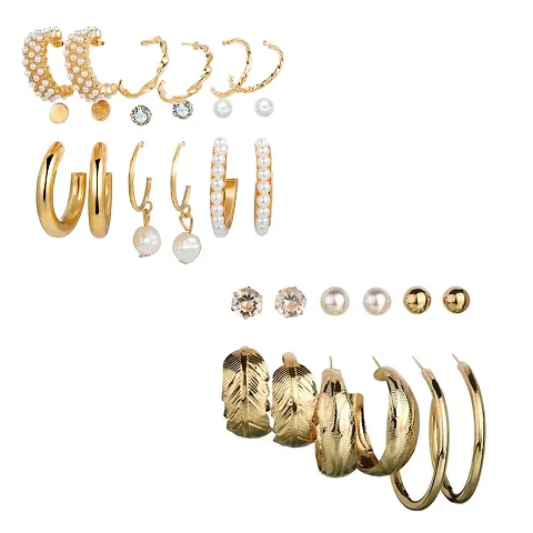 Combo of 15 Pair Modern Alloy Gold Plated Pearl Crystal Studs And Hoop Earrings
