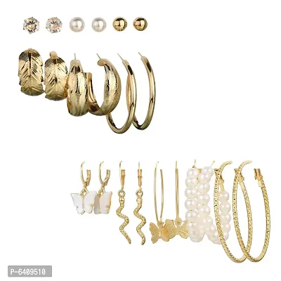 Combo of 11 Pair Lavish Gold Plated Pearl Hoop, Drop, Hoop and Studs Earrings For Women and Girls-thumb0