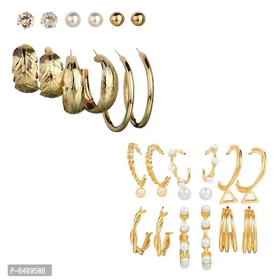 Combo of 15 Pair Pretty Gold Plated Hoop and Studs Earrings For Women and Girls