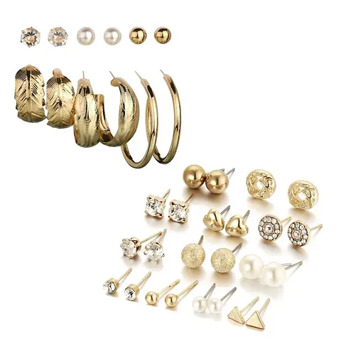 Combo of 18 Pair Designer Alloy Gold Plated Pearl Crystal Studs And Hoop Earrings