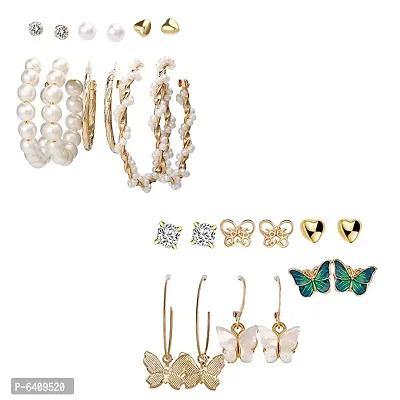 Combo of 12 Pair Lavish Gold Plated Butterfly Crystal Studs and hoop Earrings For Women and Girls