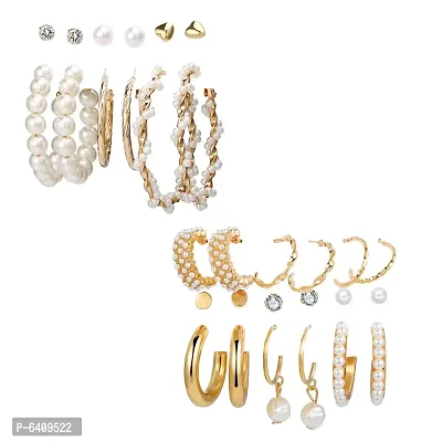 Combo of 15 Pair Enamelled Gold Plated Studs and Pearl Hoop Earrings For Women and Girls