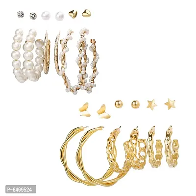 Combo of 12 Pair Stylish Gold Plated Cross hoop, Hoop and Studs Earrings For Women and Girls