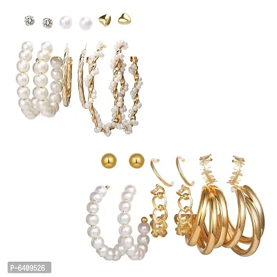 Combo of 12 Pair Lavish Gold Plated Chain and Pearl Hoop, Hoop and Studs Earrings For Women and Girls