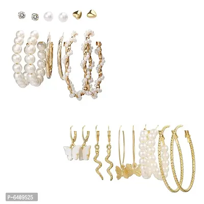 Combo of 11 Pair Stunning Gold Plated Pearl Hoop, Drop, Hoop and Studs Earrings For Women and Girls