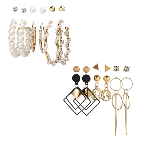 Combo of 12 Pair Fancy Alloy Gold Plated Pearl Crystal Studs And Hoop Earrings