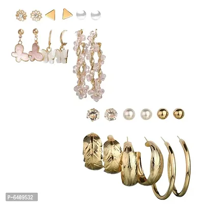 Combo of 12 Pair Stunning Gold Plated Pearl Studs and Hoop Earrings For Women and Girls