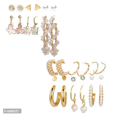 Combo of 15 Pair Stylish Gold-Plated Studs and Pearl Hoop Earrings For Women and Girls