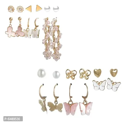 Combo of 12 Pair Lavish Gold Plated Heart Pearl Studs And Hoop Earrings For Women and Girls