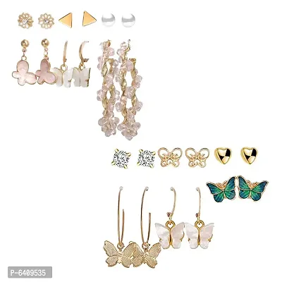 Combo of 12 Pair Golden Butterfly Crystal Studs and hoop Earrings For Women and Girls