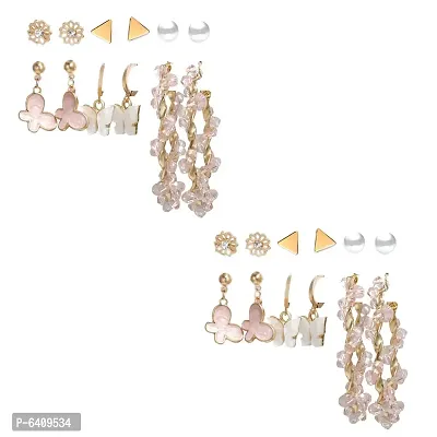 Combo of 12 Pair Pretty Gold Plated Flower Pearl Studs and Hoop Earrings For Women and Girls
