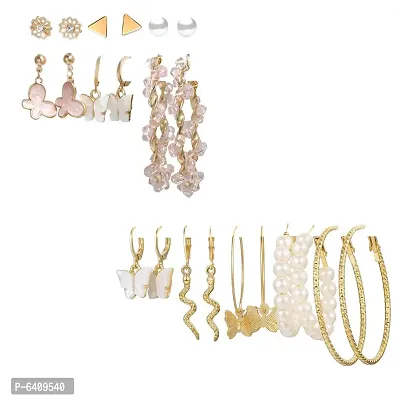 Combo of 11 Pair Elegant Gold-Plated Pearl Hoop, Drop, Hoop and Studs Earrings For Women and Girls