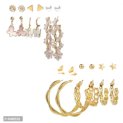 Combo of 12 Pair Attractive Golden Cross hoop, Hoop and Studs Earrings For Women and Girls