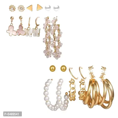 Combo of 12 Pair Lanish Gold-Plated Chain and Pearl Hoop, Hoop and Studs Earrings For Women and Girls
