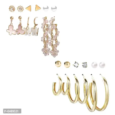 Combo of 12 Pair Enamelled Gold Plated Pearl Crystal Studs and big Hoop Earrings For Women and Girls