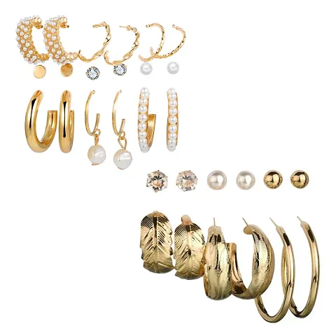 Combo of 15 Pair Claasy Alloy Gold Plated Pearl Crystal Studs And Hoop Earrings