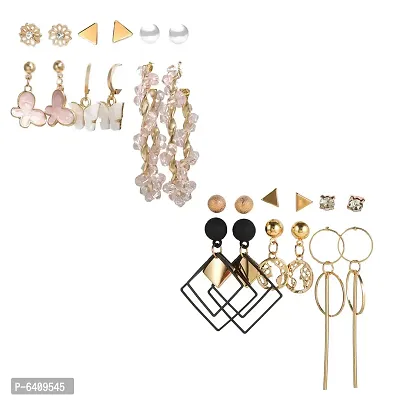 Combo of 12 Pair Enamelled Gold-Plated Studs and Hoop Earrings For Women and Girls