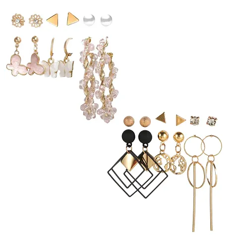 Combo of 12 Pair Gorgeous Alloy Gold Plated Pearl Crystal Studs And Hoop Earrings