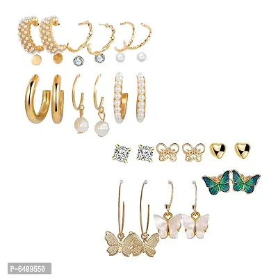 Combo of 15 Pair Elegant Gold Plated Butterfly Crystal Studs and hoop Earrings For Women and Girls