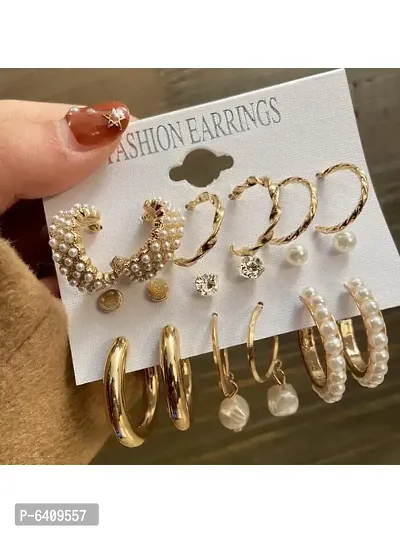 Combo of 21 Pair Stylish Gold Plated Studded Pearl Studs and Hoop Earrings For Women and Girls-thumb3