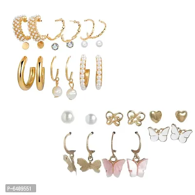 Combo of 15 Pair Lanish Gold Plated Pearl Heart Studs And Hoop Earrings For Women and Girls